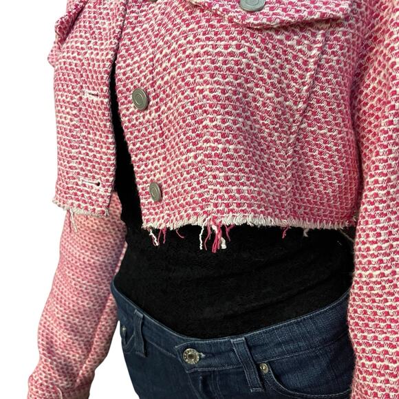 Zara Tweed Cropped Jacket Small Cutoff Frayed Coquette Pink White Preppy Button - Picture 2 of 7
